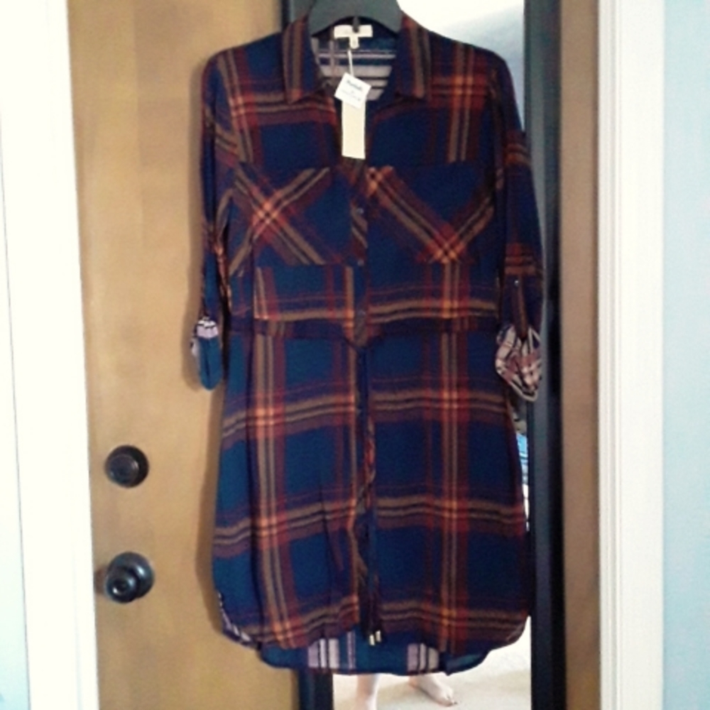 Plaid shirt dress tunic duster jacket M